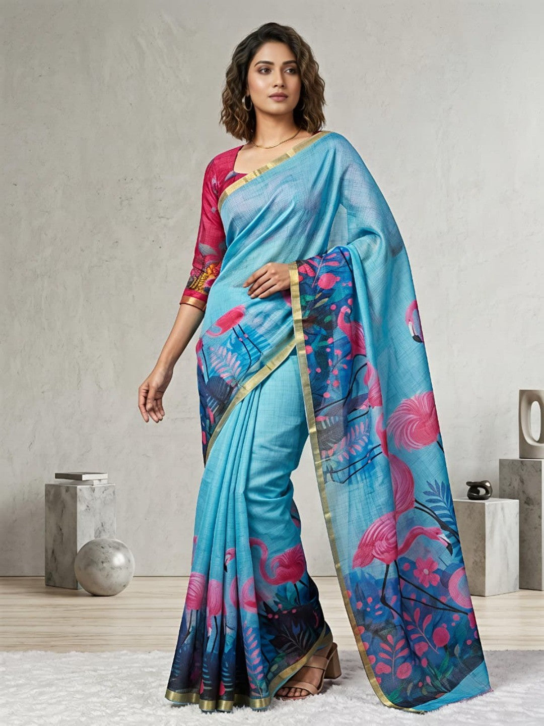 Elegant Blue Linen Saree with Flamingo Print and Golden Border - Image 1
