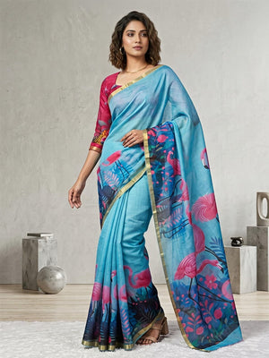 Elegant Blue Linen Saree with Flamingo Print and Golden Border - Image 1