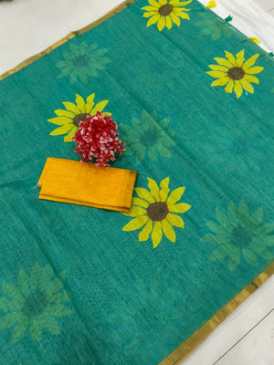 Rama Blue Linen Saree with Sunflower Print and Golden Border - Image 2
