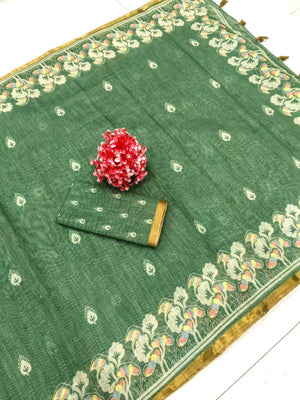 Elegant Green Linen Saree with Floral Border Print - Image 2