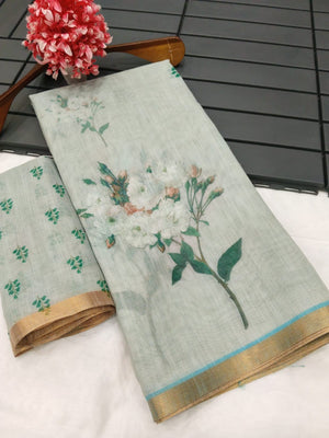 Elegant Grey Linen Saree with Floral Print and Golden Border - Image 2