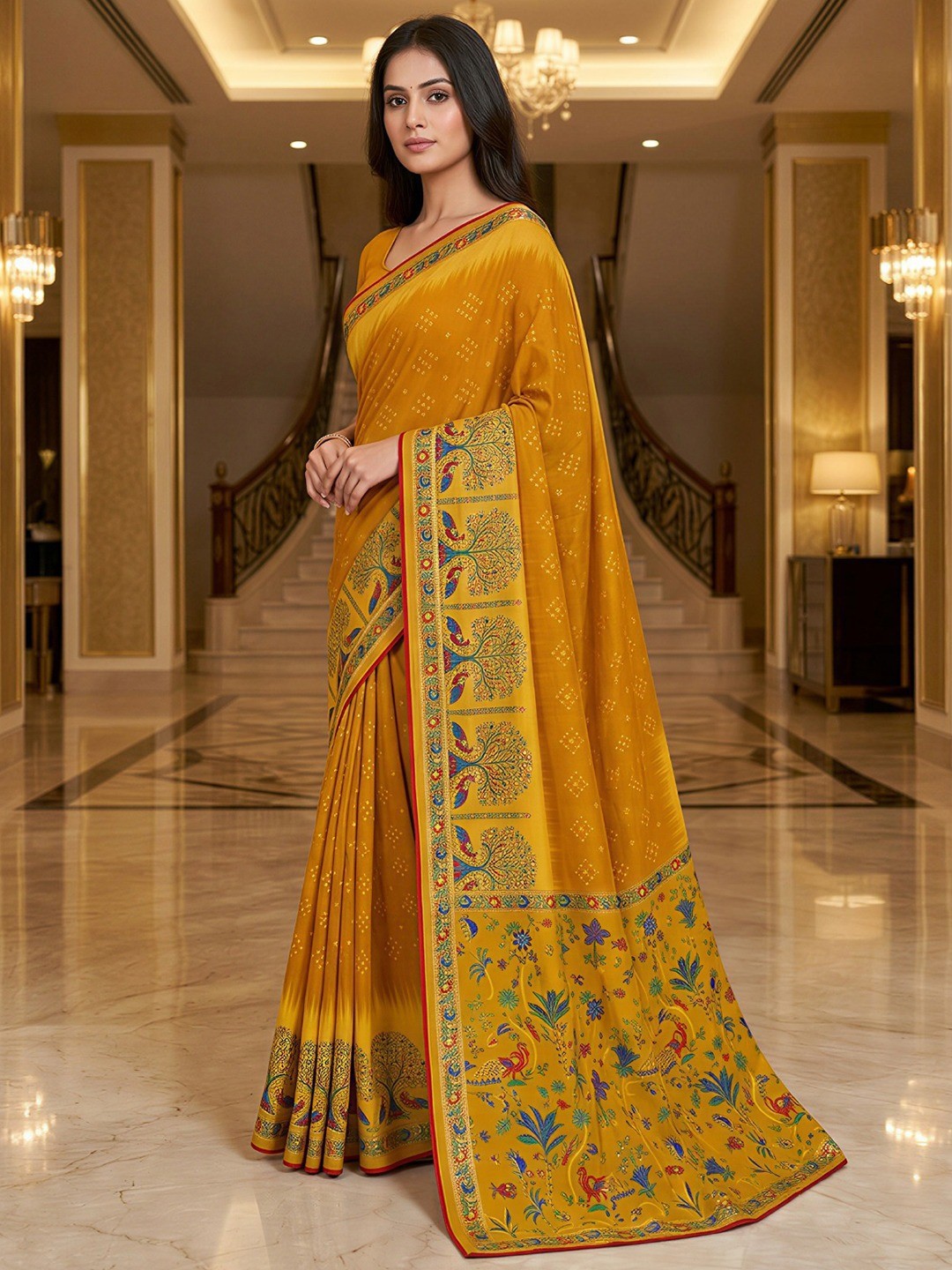 Premium Mustard Bandhani & Floral Printed Dola Silk Saree With Rich Foil Work - Image 1