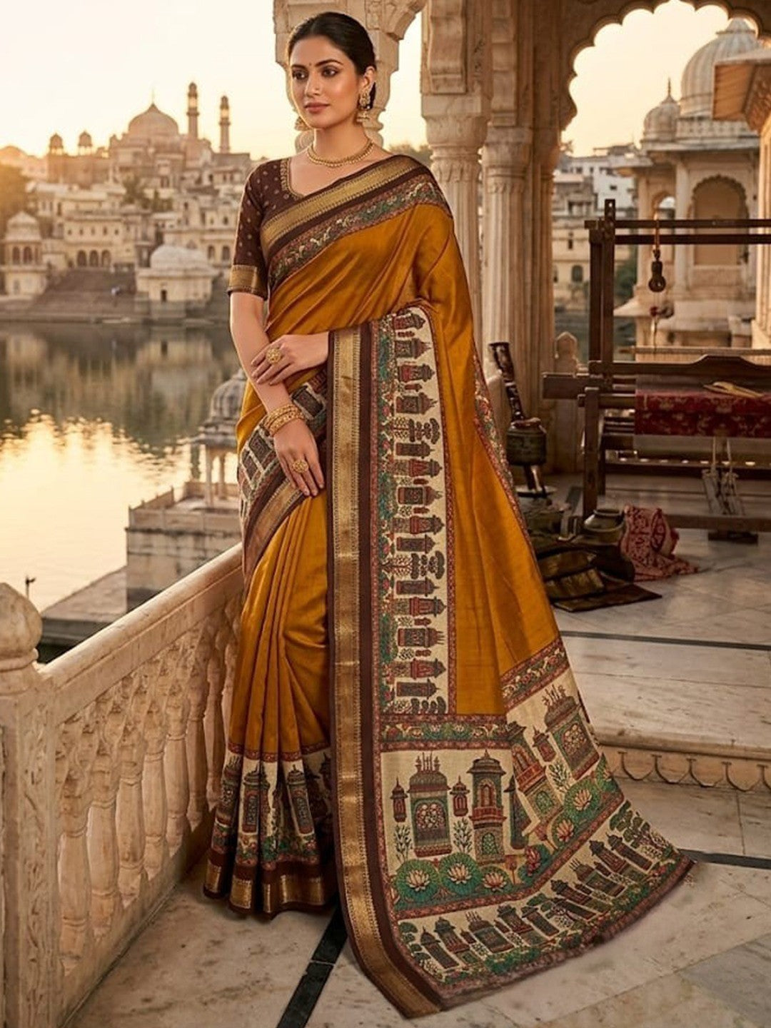 Graceful Mustard Temple & Floral Print Mulmul Cotton Saree Enhanced With Zari Border Work - Image 1