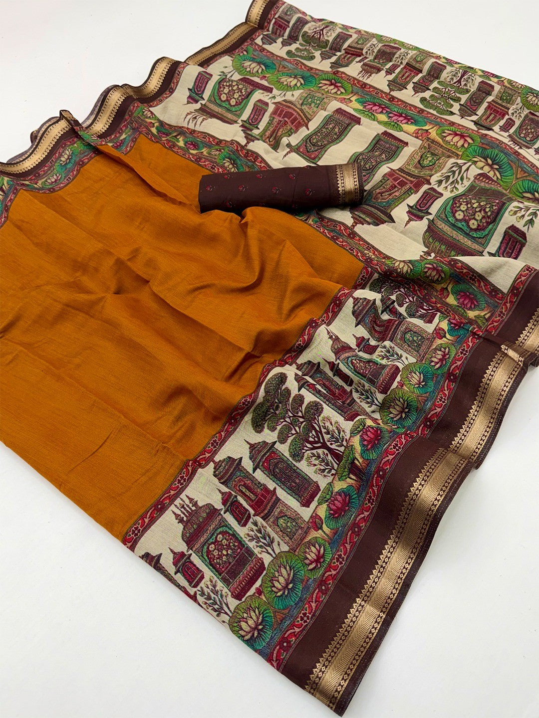 Graceful Mustard Temple & Floral Print Mulmul Cotton Saree Enhanced With Zari Border Work - Image 2