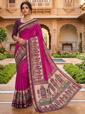 Graceful Magenta Temple & Floral Print Mulmul Cotton Saree Enhanced With Zari Border Work - Image 1