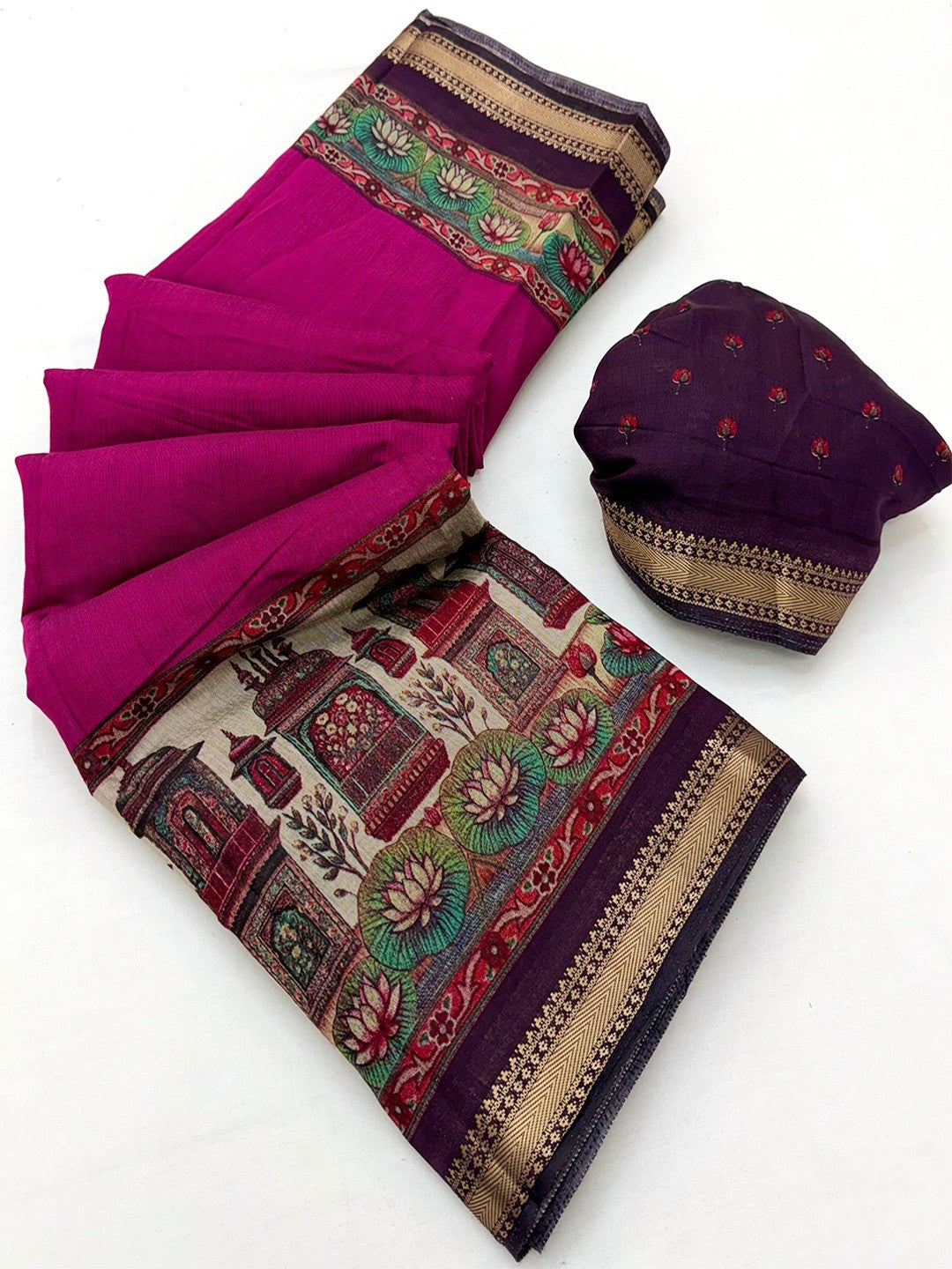 Graceful Magenta Temple & Floral Print Mulmul Cotton Saree Enhanced With Zari Border Work - Image 3