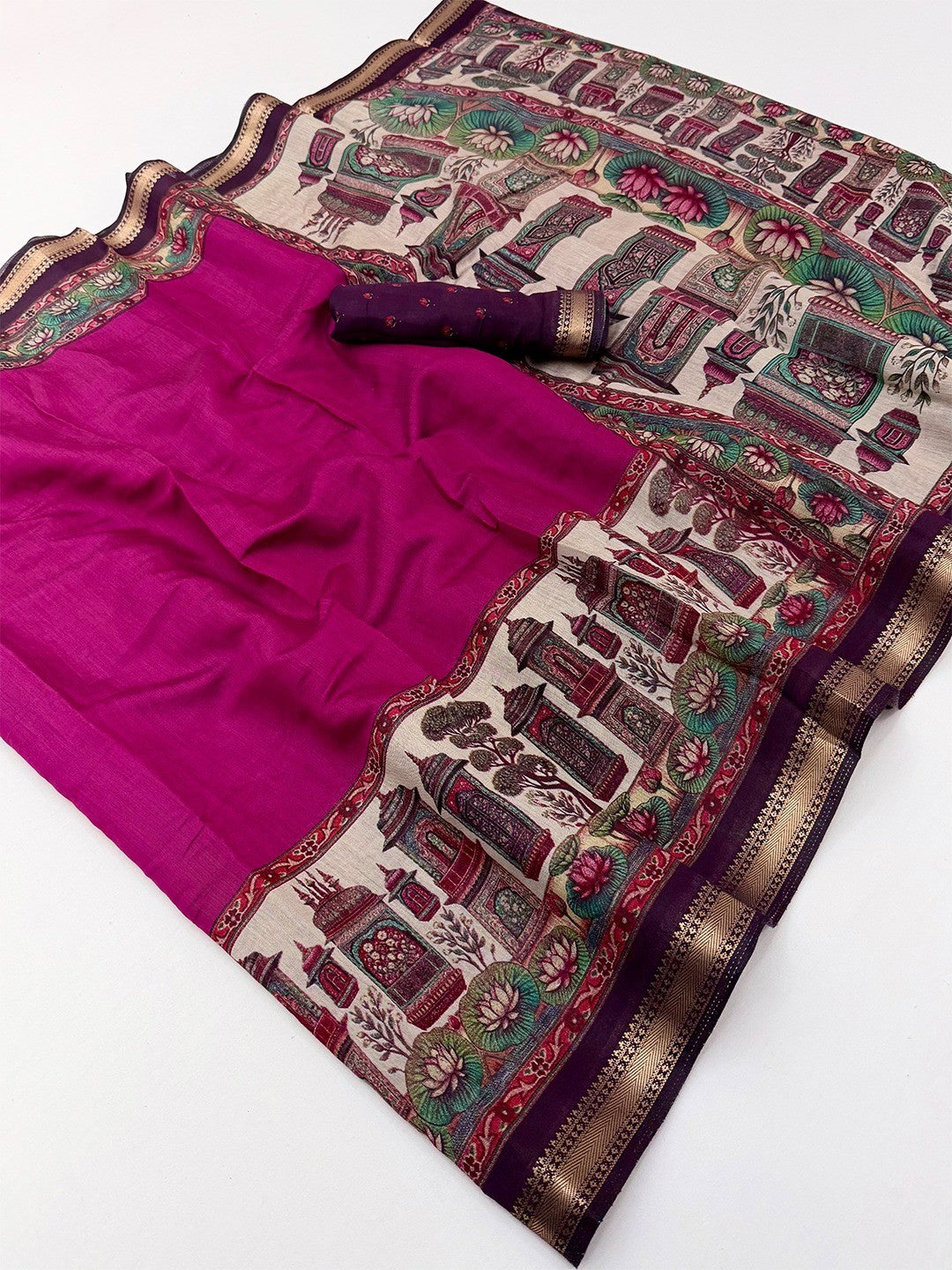 Graceful Magenta Temple & Floral Print Mulmul Cotton Saree Enhanced With Zari Border Work - Image 2