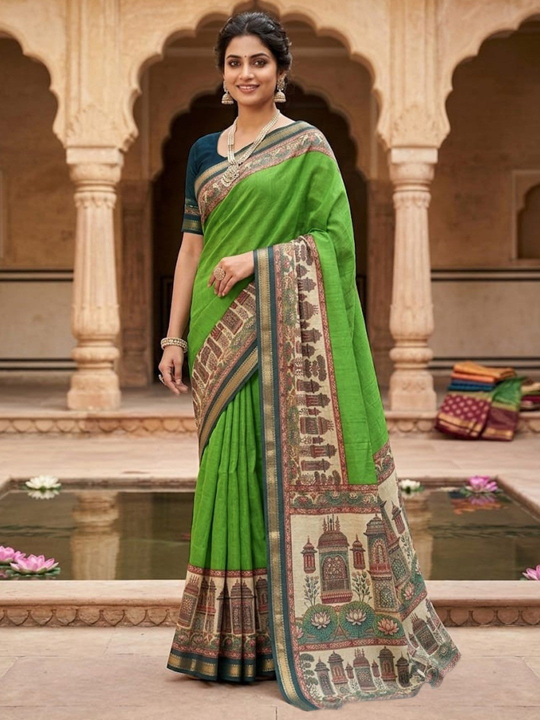 Graceful Green Temple & Floral Print Mulmul Cotton Saree Enhanced With Zari Border Work - Image 1