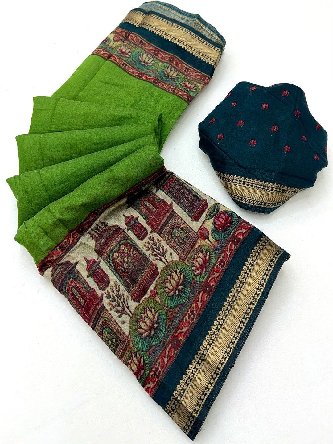 Graceful Green Temple & Floral Print Mulmul Cotton Saree Enhanced With Zari Border Work - Image 3