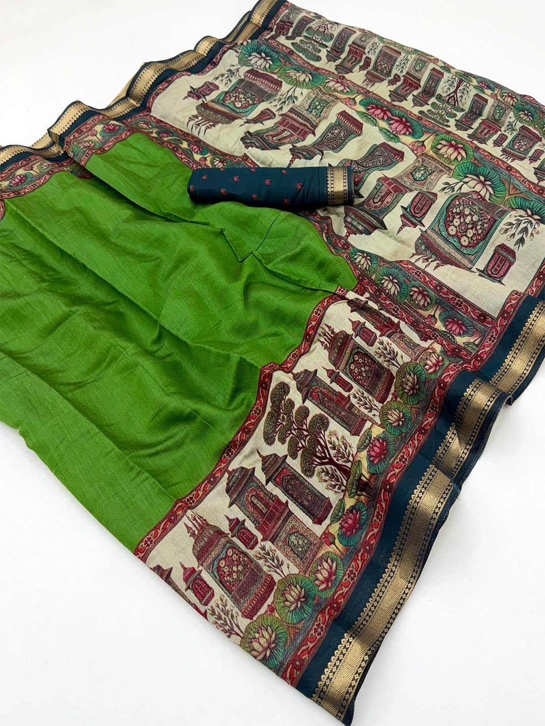 Graceful Green Temple & Floral Print Mulmul Cotton Saree Enhanced With Zari Border Work - Image 2