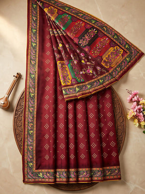 Premium Maroon Bandhani & Floral Printed Dola Silk Saree With Rich Foil Work - Image 2