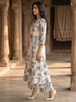 Blue Abstract Print Pure Cotton A-Line Top Bottom Set for Casual Wear - Image 2