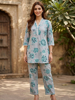 Green Floral Print Linen Two Piece Set with Modern Patterns and Soft Feel - Image 1