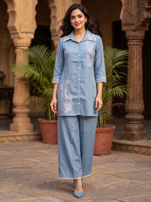 Stylish Blue Viscose Co-ord Set with Intricate Embroidered Work - Image 1