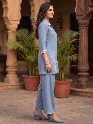 Stylish Blue Viscose Co-ord Set with Intricate Embroidered Work - Image 2