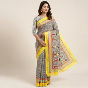 Elegant White Printed Linen Saree with Vibrant Border - Image 1