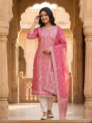 Pink Woven Banarasi Silk Dress Material with Delicate Beads Work
