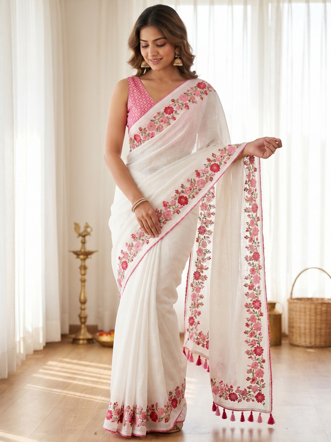 White Pure Linen Saree with Floral Embroidery and Tassel Detailing - Image 1
