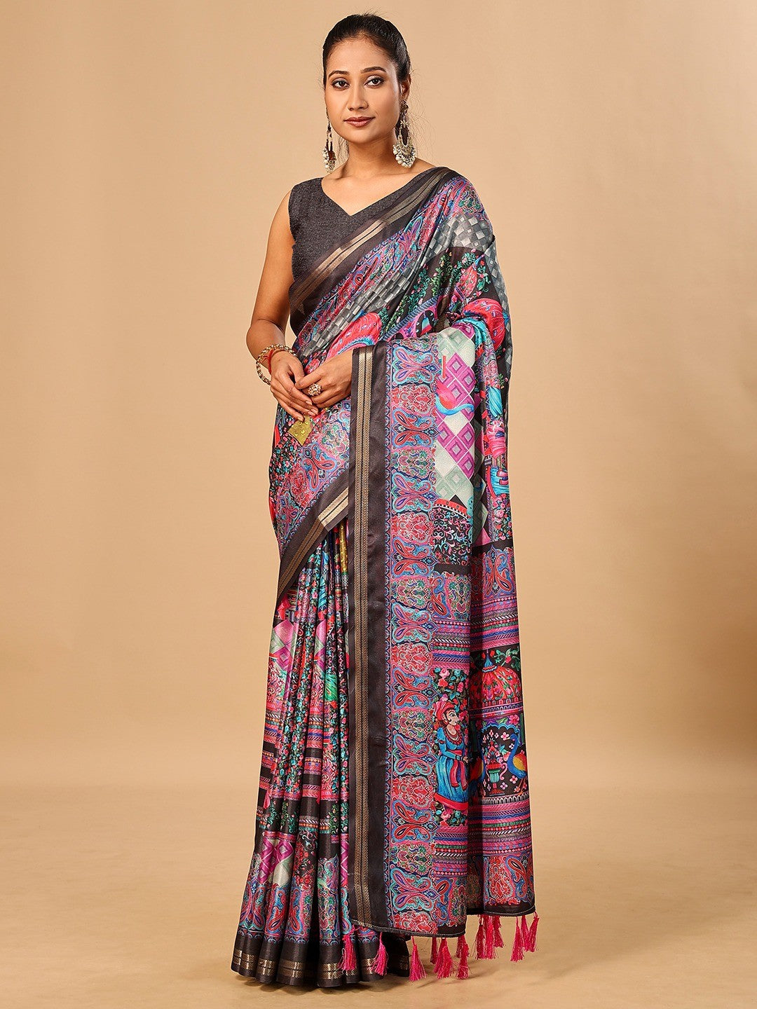 Elegant Black Floral & Paisley Digital Printed Tussar Silk Saree with Tassels Pallu - Image 1