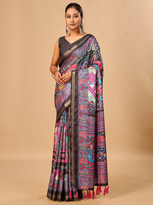 Elegant Black Floral & Paisley Digital Printed Tussar Silk Saree with Tassels Pallu - Image 1
