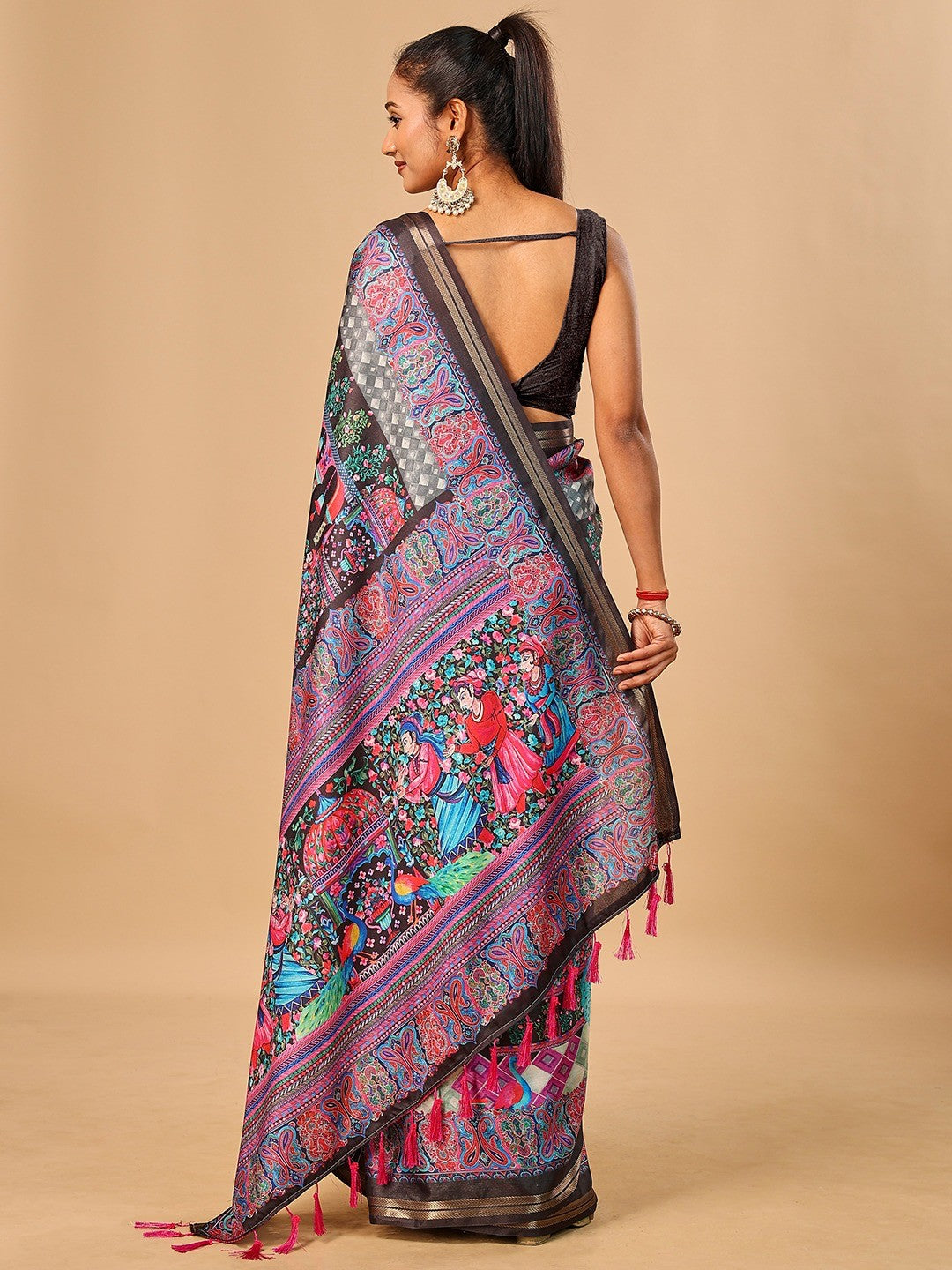 Elegant Black Floral & Paisley Digital Printed Tussar Silk Saree with Tassels Pallu - Image 4