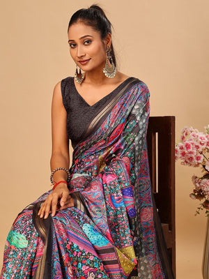 Elegant Black Floral & Paisley Digital Printed Tussar Silk Saree with Tassels Pallu - Image 2