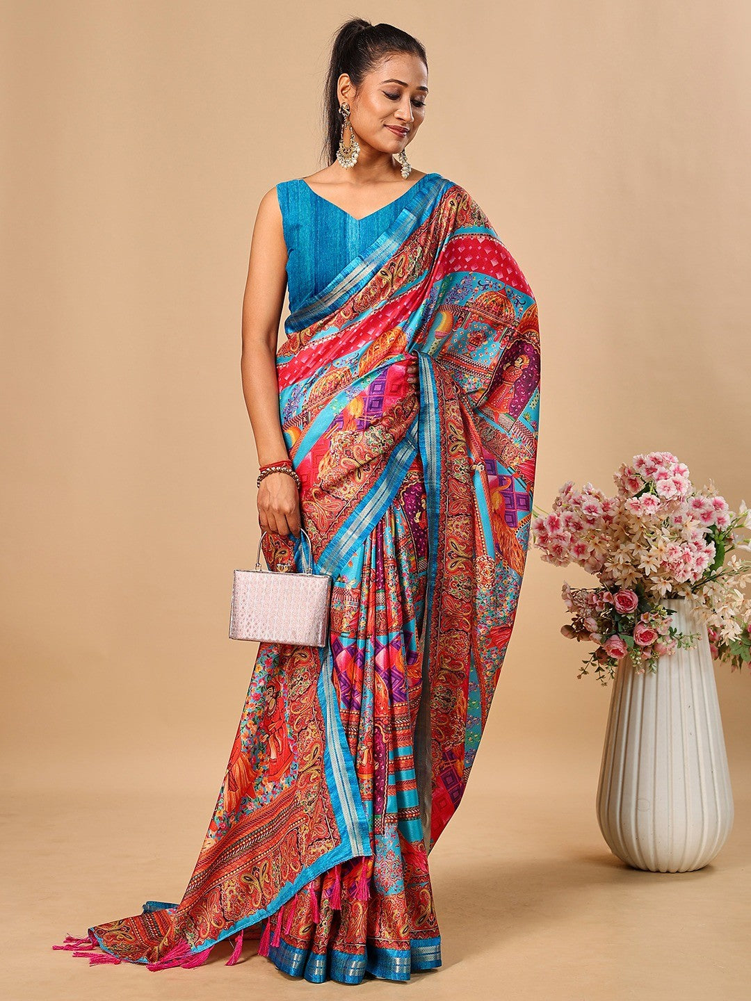 Elegant Blue Floral & Paisley Digital Printed Tussar Silk Saree with Tassels Pallu - Image 1