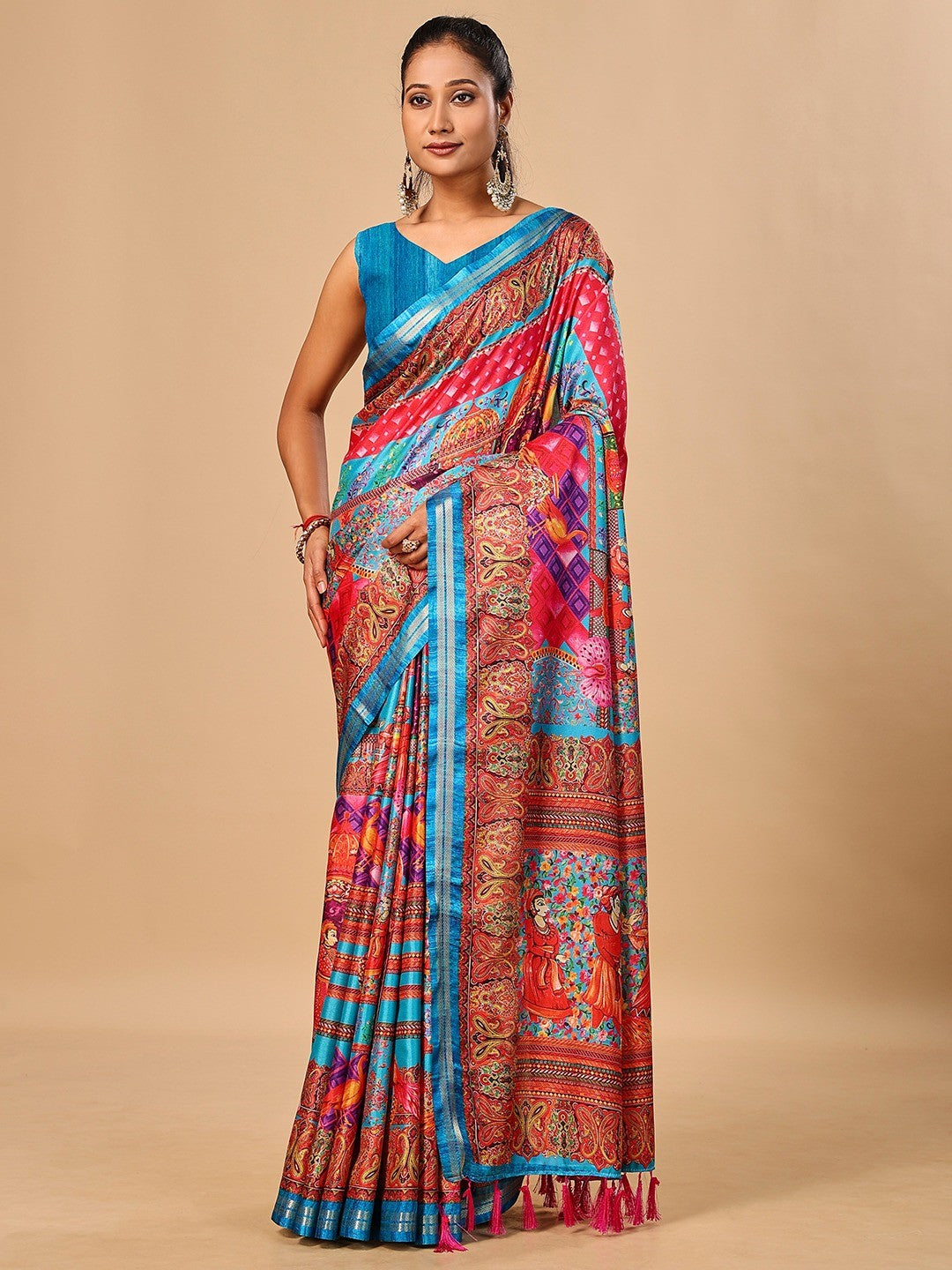 Elegant Blue Floral & Paisley Digital Printed Tussar Silk Saree with Tassels Pallu - Image 5