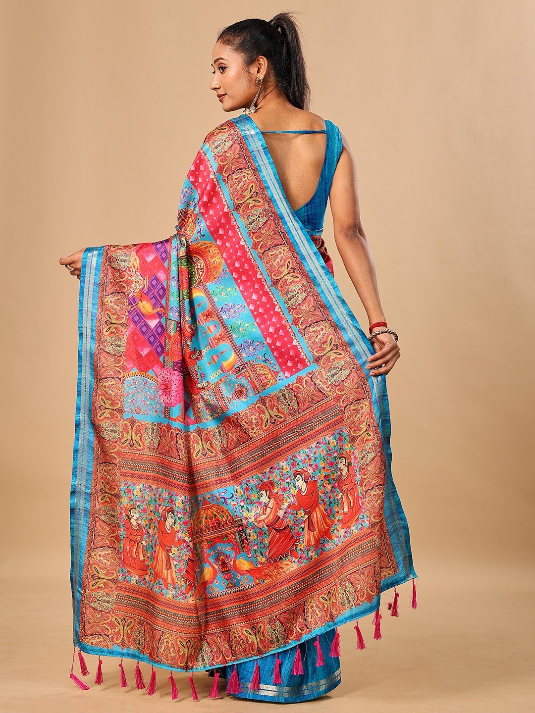 Elegant Blue Floral & Paisley Digital Printed Tussar Silk Saree with Tassels Pallu - Image 3