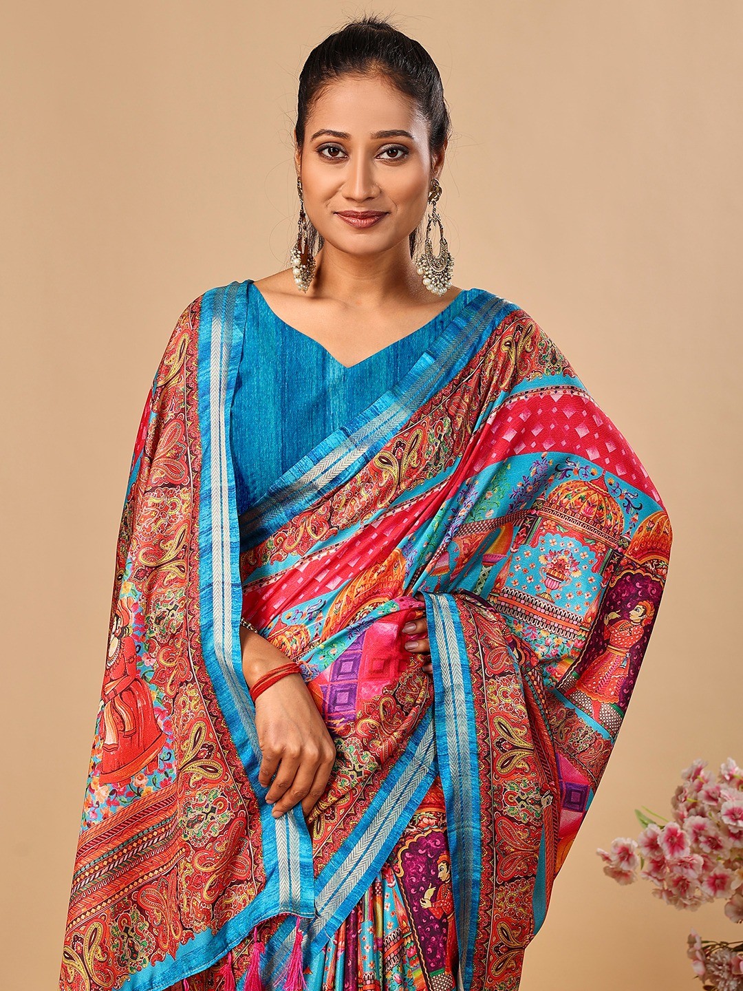 Elegant Blue Floral & Paisley Digital Printed Tussar Silk Saree with Tassels Pallu - Image 2
