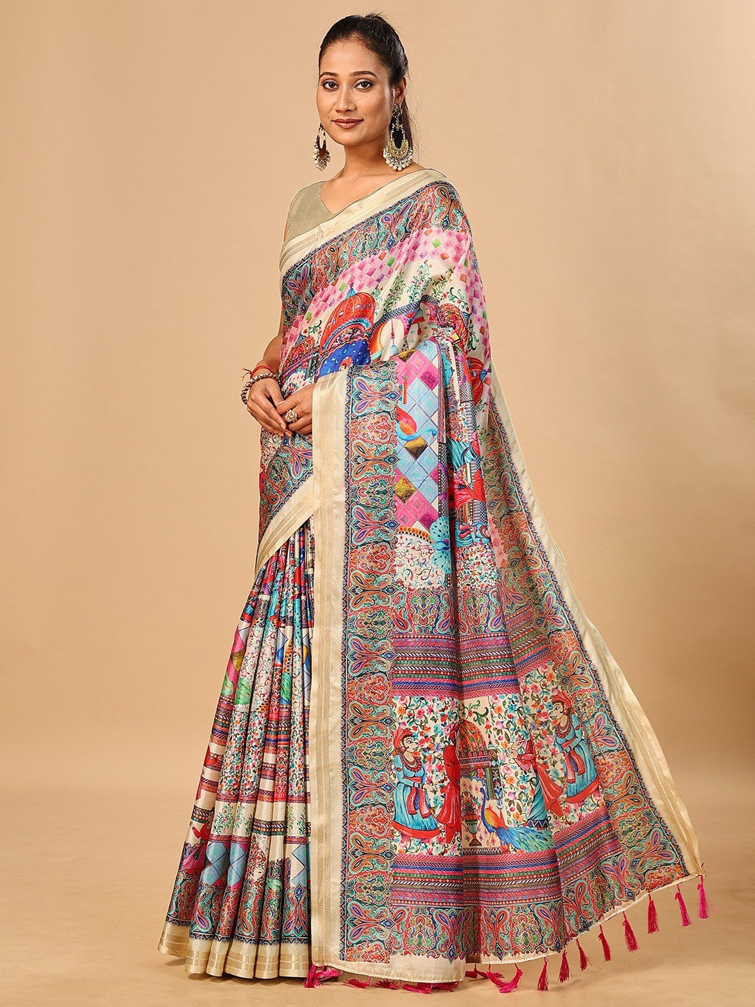 Elegant Cream Floral & Paisley Digital Printed Tussar Silk Saree with Tassels Pallu - Image 4