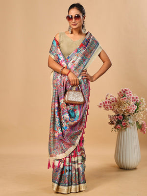 Elegant Cream Floral & Paisley Digital Printed Tussar Silk Saree with Tassels Pallu - Image 2