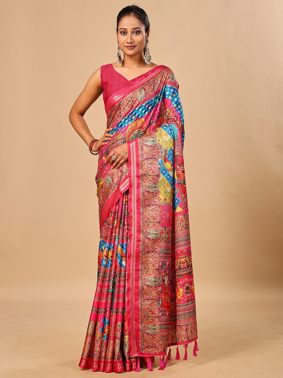 Elegant Pink Floral & Paisley Digital Printed Tussar Silk Saree with Tassels Pallu - Image 1