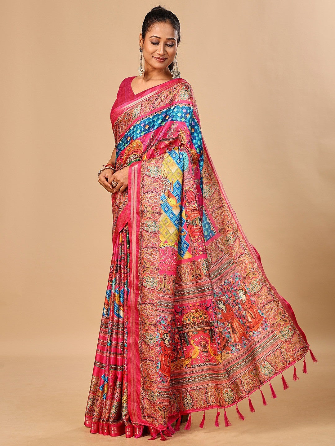 Elegant Pink Floral & Paisley Digital Printed Tussar Silk Saree with Tassels Pallu - Image 4