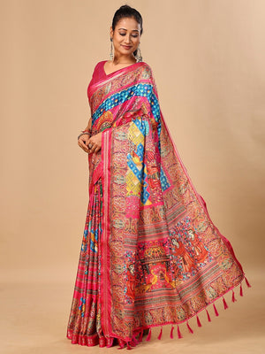 Elegant Pink Floral & Paisley Digital Printed Tussar Silk Saree with Tassels Pallu - Image 2