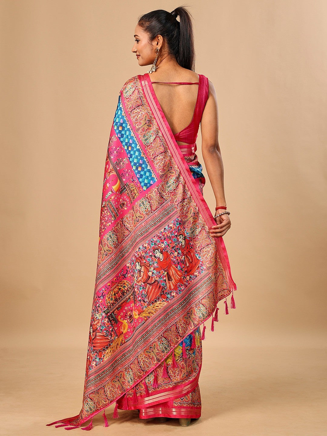Elegant Pink Floral & Paisley Digital Printed Tussar Silk Saree with Tassels Pallu - Image 3