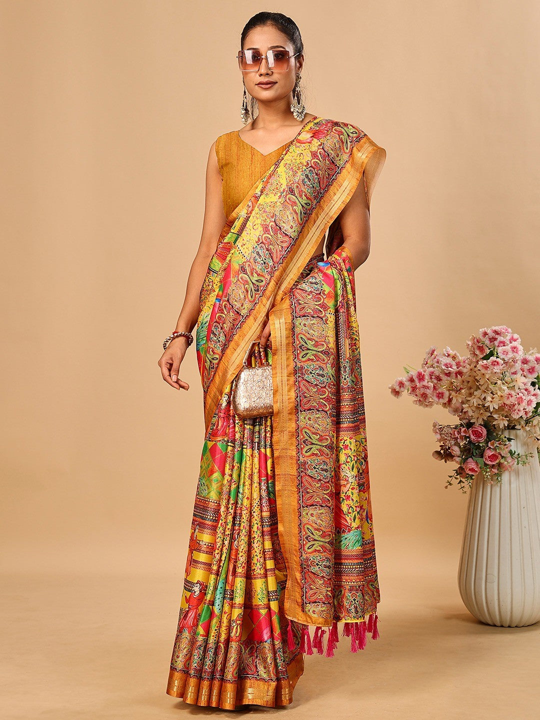 Elegant Yellow Floral & Paisley Digital Printed Tussar Silk Saree with Tassels Pallu - Image 1