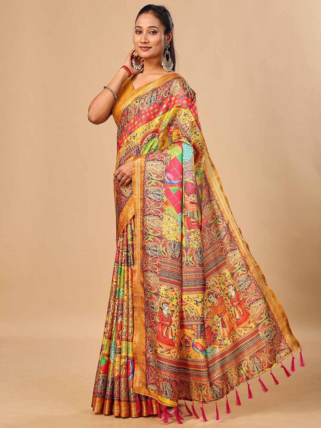 Elegant Yellow Floral & Paisley Digital Printed Tussar Silk Saree with Tassels Pallu - Image 4