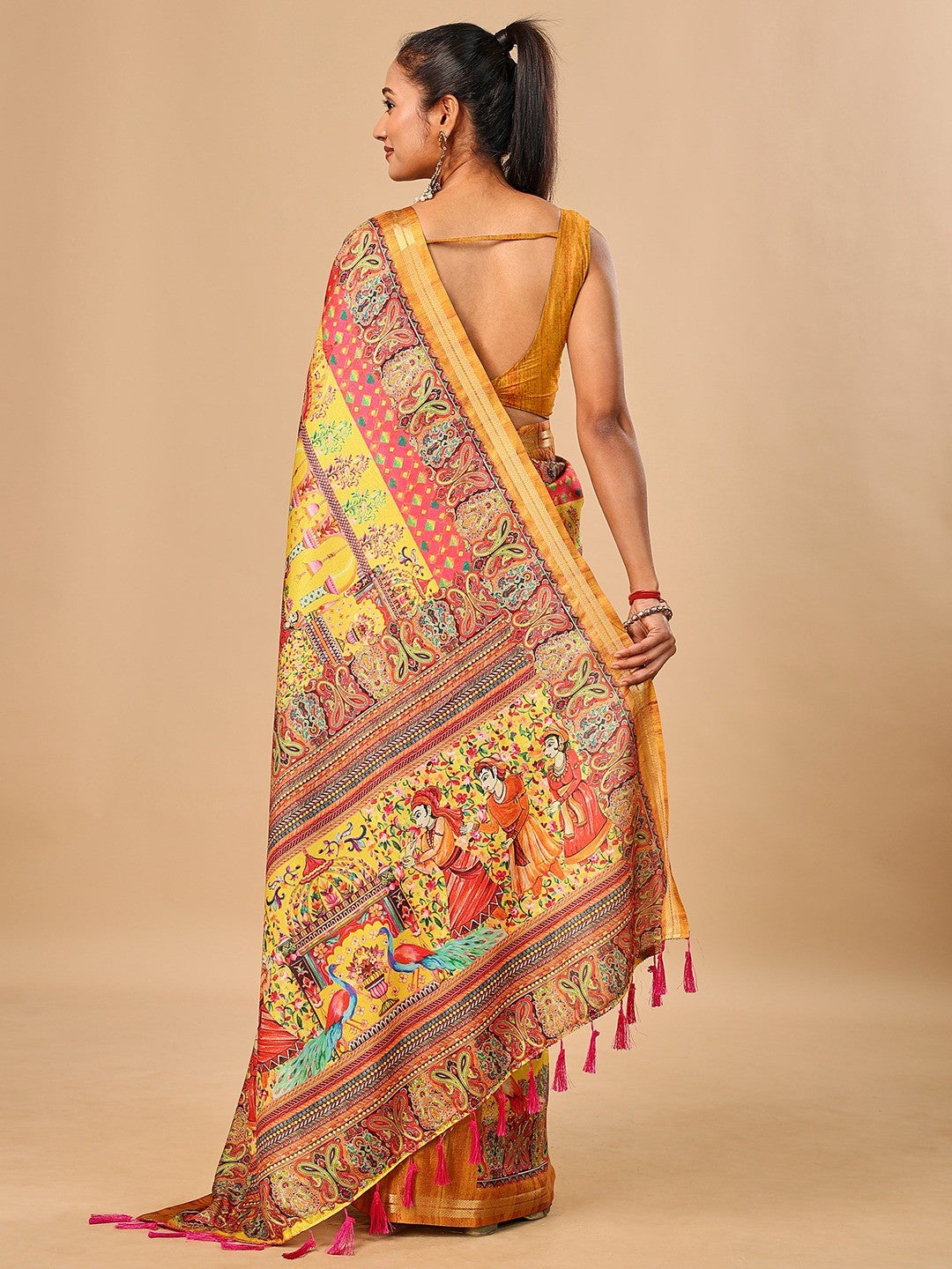 Elegant Yellow Floral & Paisley Digital Printed Tussar Silk Saree with Tassels Pallu - Image 3