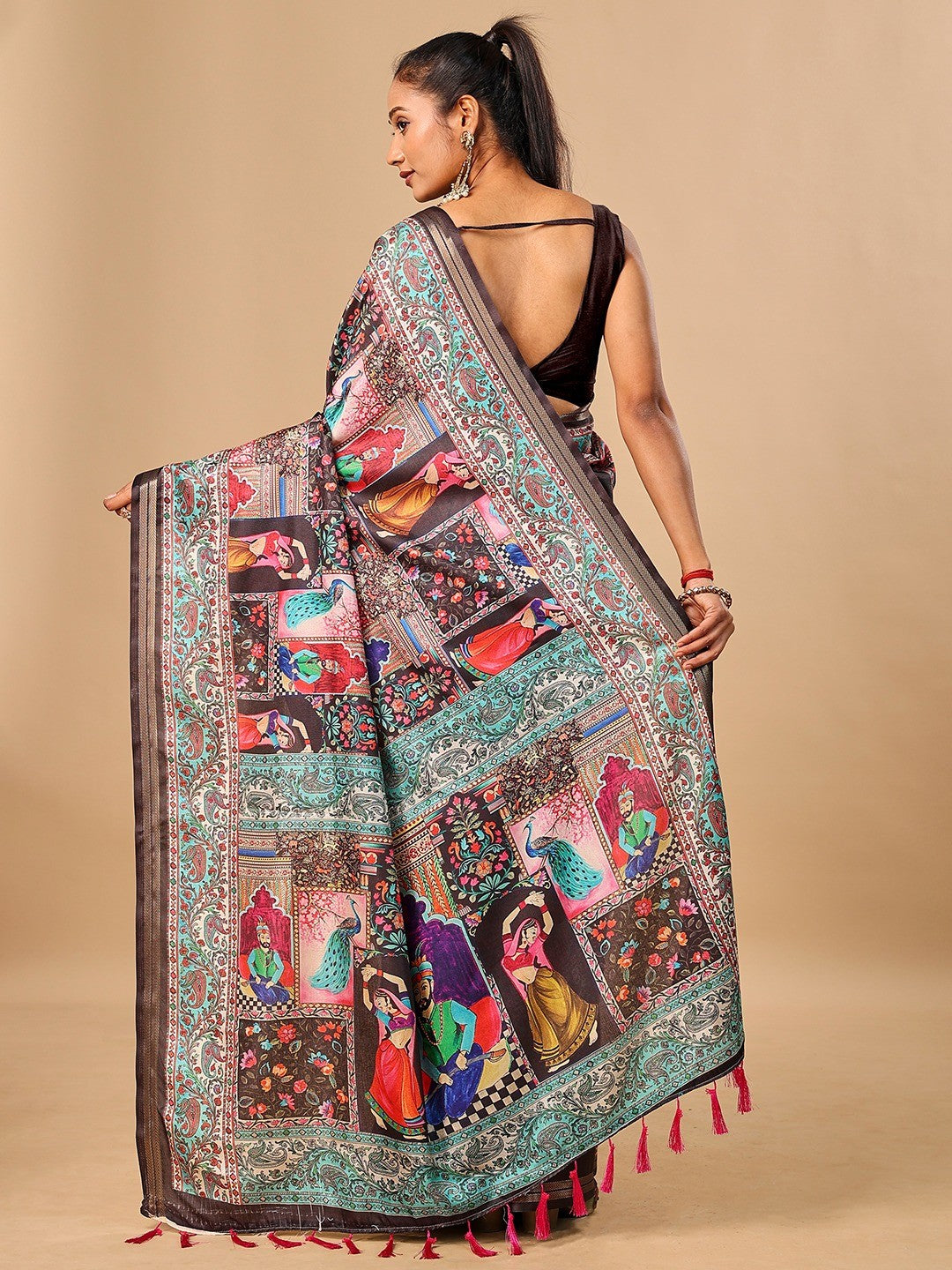 Premium Black Floral & Paisley Digital Printed Tussar Silk Saree With Zari Weaving Border - Image 3