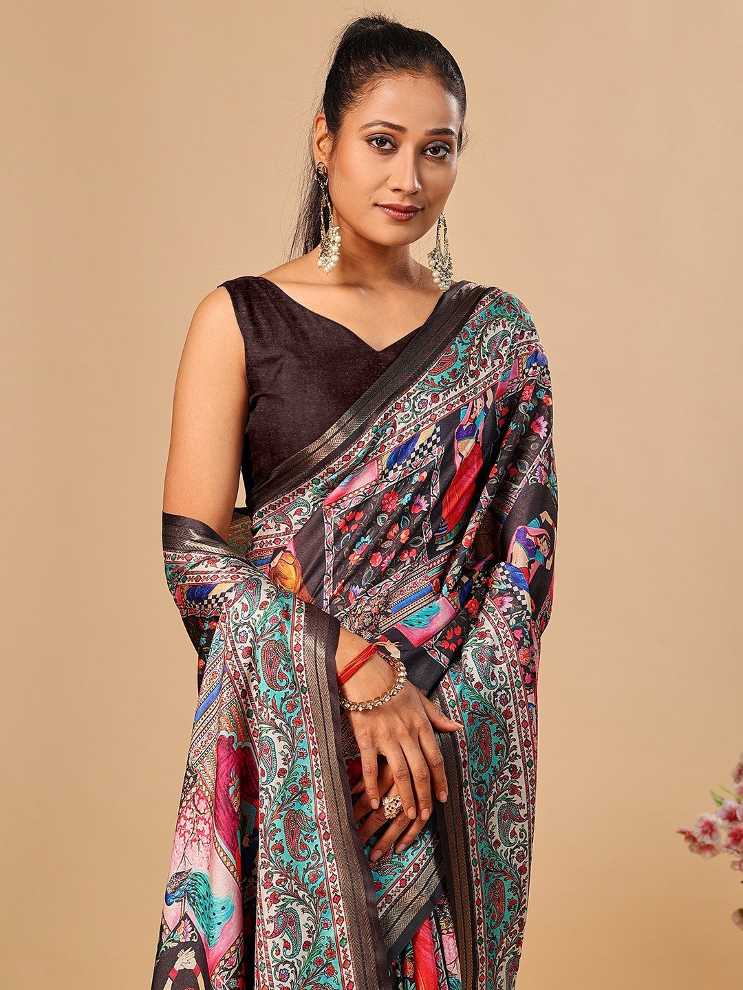Premium Black Floral & Paisley Digital Printed Tussar Silk Saree With Zari Weaving Border - Image 2