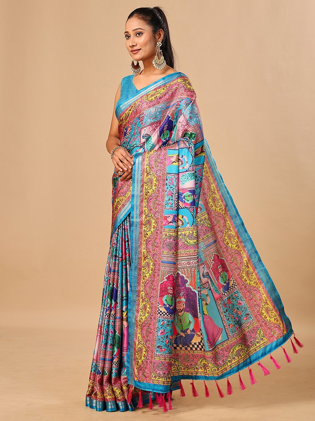 Premium Blue Floral & Paisley Digital Printed Tussar Silk Saree With Zari Weaving Border - Image 4