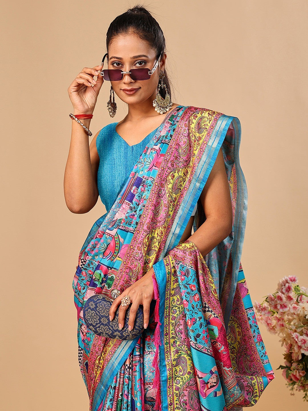 Premium Blue Floral & Paisley Digital Printed Tussar Silk Saree With Zari Weaving Border - Image 2