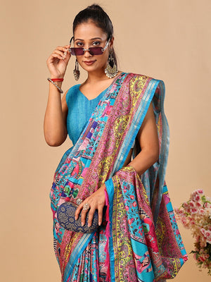 Premium Blue Floral & Paisley Digital Printed Tussar Silk Saree With Zari Weaving Border - Image 2