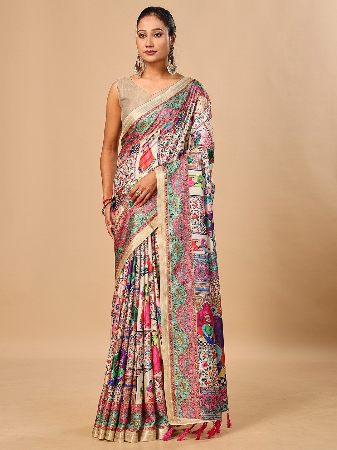 Premium Cream Floral & Paisley Digital Printed Tussar Silk Saree With Zari Weaving Border - Image 1