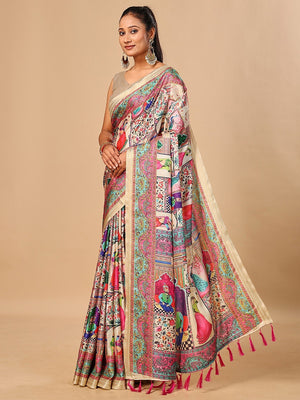 Premium Cream Floral & Paisley Digital Printed Tussar Silk Saree With Zari Weaving Border - Image 2