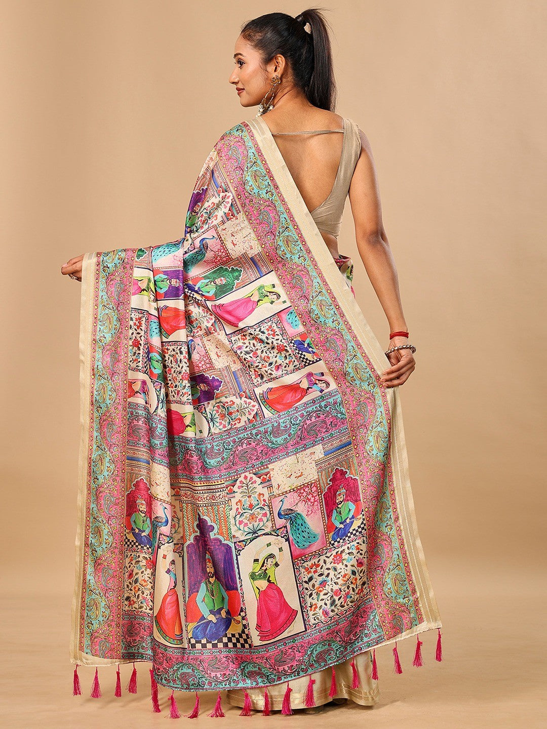 Premium Cream Floral & Paisley Digital Printed Tussar Silk Saree With Zari Weaving Border - Image 3