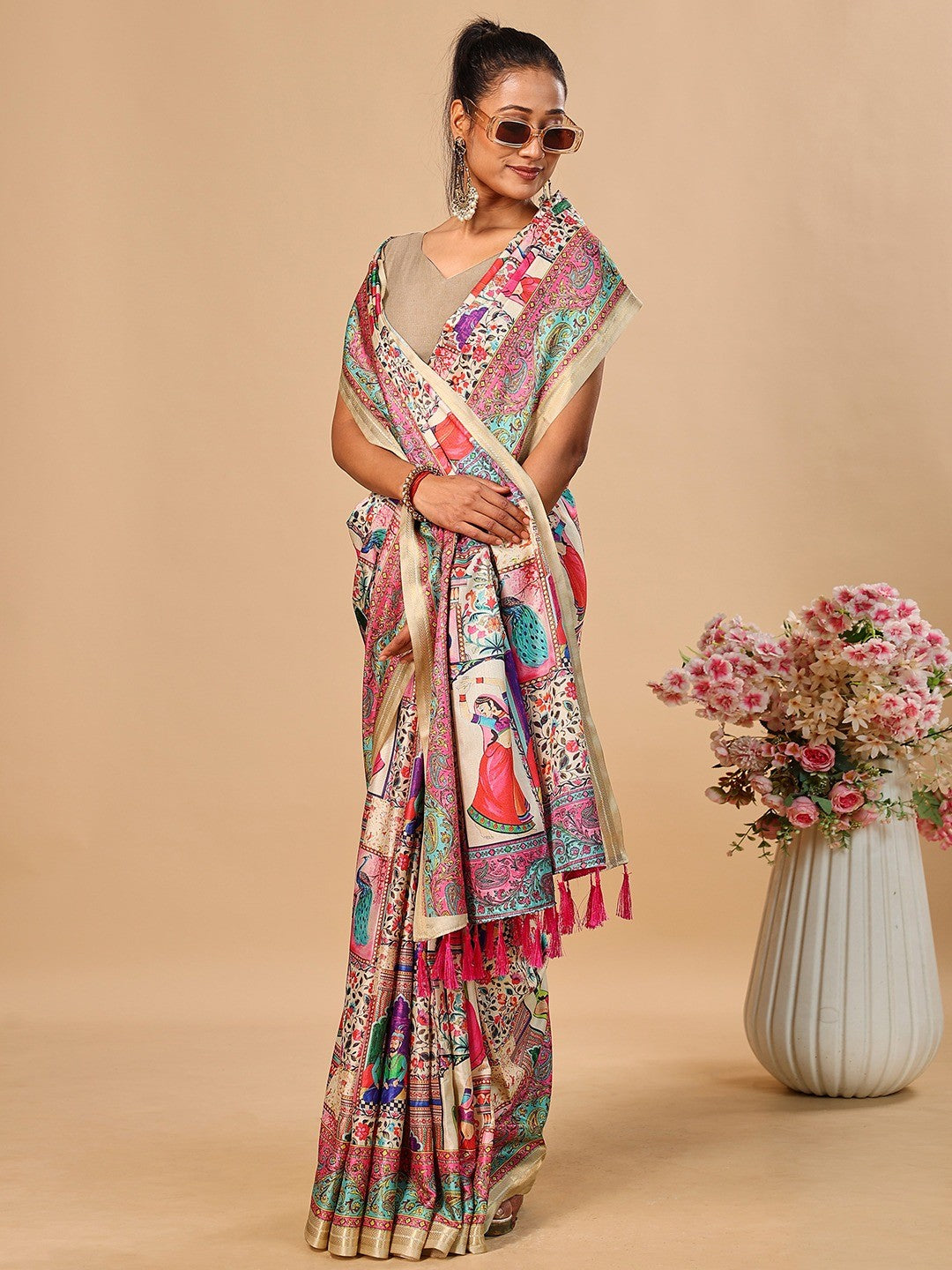 Premium Cream Floral & Paisley Digital Printed Tussar Silk Saree With Zari Weaving Border - Image 4