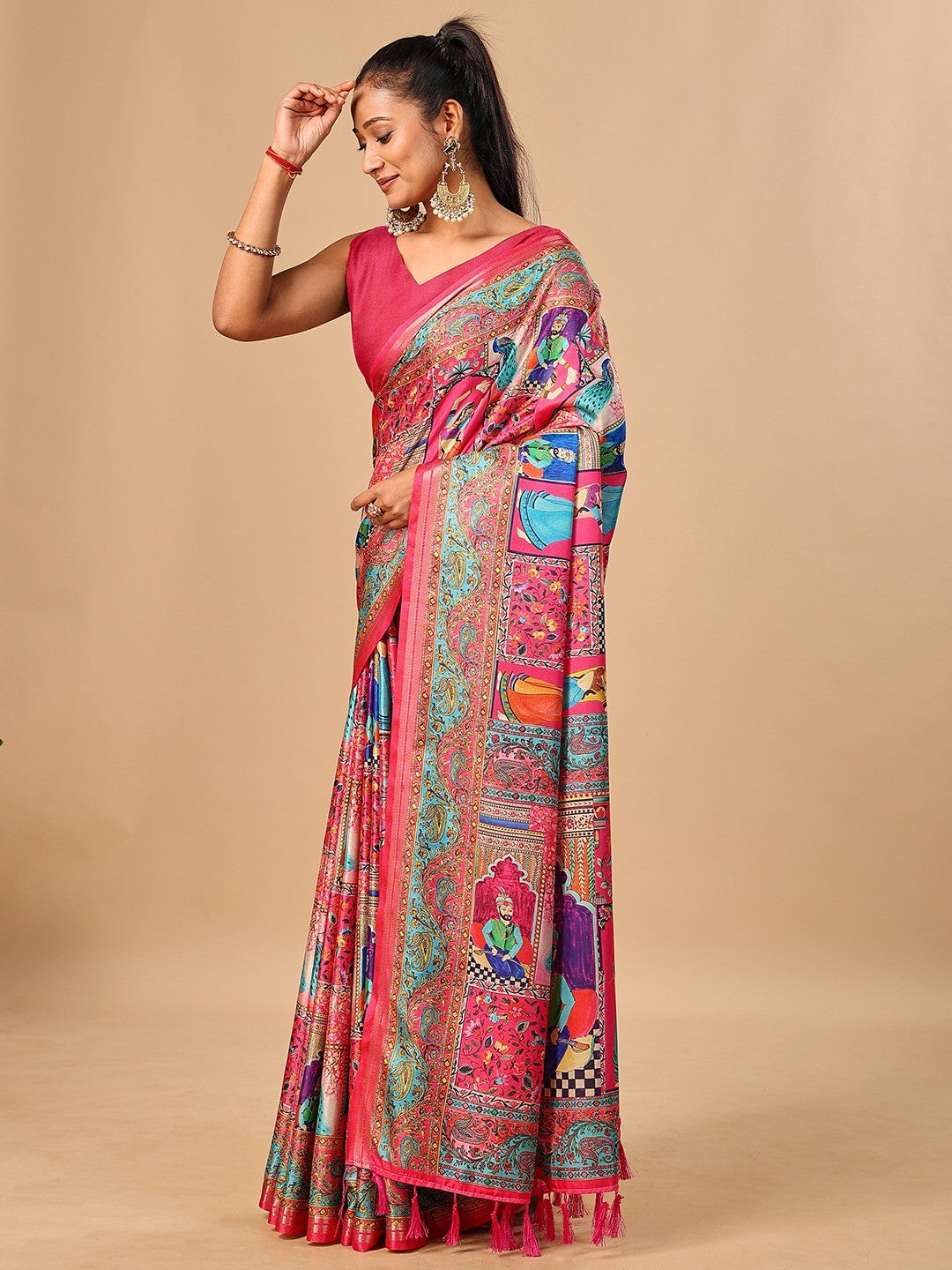 Premium Pink Floral & Paisley Digital Printed Tussar Silk Saree With Zari Weaving Border - Image 5