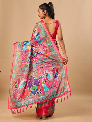 Premium Pink Floral & Paisley Digital Printed Tussar Silk Saree With Zari Weaving Border - Image 2